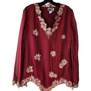 Vintage The Look Randolph Duke Womens Red Silk Floral Sequin‎ Top Long Sleeve 8